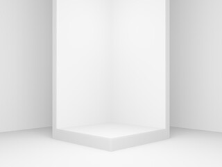 3D rendered geometric product stand. White corner background