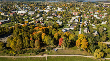 Aerial view of Skrunda town in sunny autumn day, Latvia.