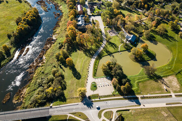 Aerial view of Skrunda town in sunny autumn day, Latvia.