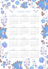 Fototapeta na wymiar Cute calendar design for 2022 year with frame of light blue flowers and birds.