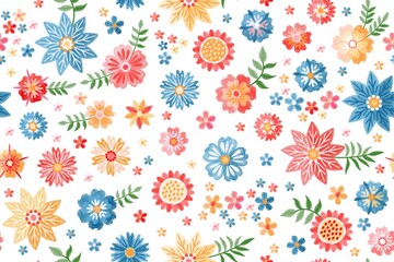 Colorful embroidery flowers on white background. Floral ornament with folk motifs. Vector design.