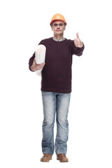 man in a protective helmet with drawings of a new project