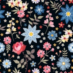 Beautiful floral pattern. Seamless ornament with embroidery garden and wild flowers. Print for fabric and textile.