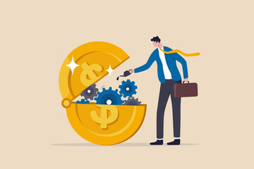 Financial or money liquidity to help economic stimulus, central bank monetary policy to help lubricate economy concept, businessman put lubricant oil on machine gear of opening money dollar coin.