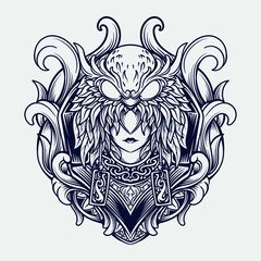 Fototapeta premium tattoo and t shirt design black and white owl women engraving ornament