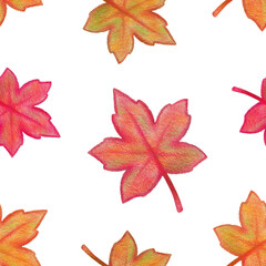 Seamless pattern with hand-drawn red and orange maple leaves with a rough texture. Autumn drawing with colored pencils on a white background. Plant illustration, art design for fabric, paper, cover