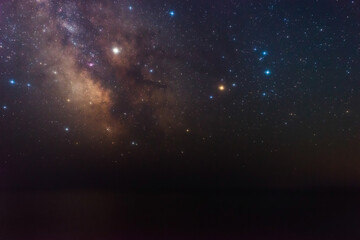 Scorpion constellation with bright red star Antares and Saturn in Milky Way