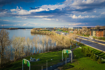View on the St Lawrence river and the highway from the observation tower in Marie Victorin park in...