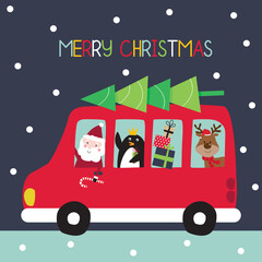 Christmas bus with Santa and friend, cute Christmas chracter