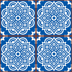 Moroccan mandala tile seamless vector pattern in white on blue background, gometric ornamental wallpaper, textile or fabric print decor
