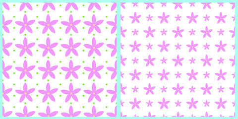 Set of seamless vector patterns. Pink flowers on white isolated background. Background, wrapping paper, wallpaper, cover, print, clothing, material. 
