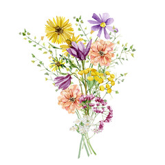 Watercolor bright wild flower bouquet. Arragement composition with meadow bright wildflowers, rose, peony, herbs, leaves, branches, twigs, foliage, leaves for wedding invite