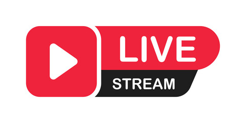 Live stream icon with play button. Modern live streaming red web banner. Digital communication. Flat design element. Vector illustration.