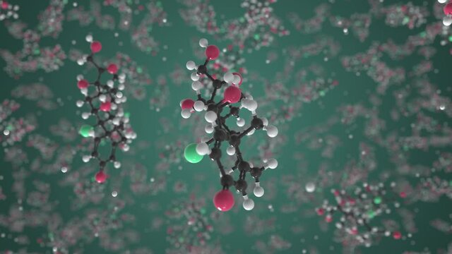Molecule of Beclometasone. Molecular model, looping seamless 3d animation