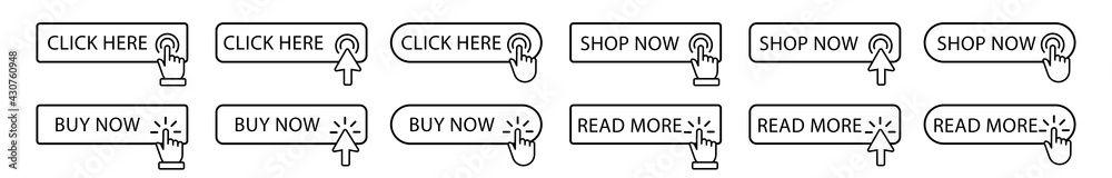 Poster click cursor blank button on transparent background. clicking banner template. click here web button