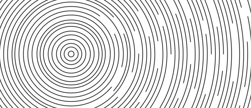 Circular lines geometric background in abstract style. Modern line art illustration with black circular concentric on halftone design template.