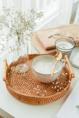 Home Office. Work. Laptop, coffee, flowers, spring, home decor. Cozy.