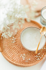 Home Office. Work. Laptop, coffee, flowers, spring, home decor. Cozy.