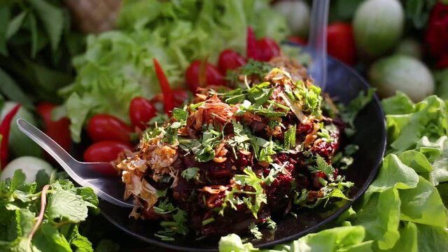 Spicy minced beef or Raw beef salad or Larb Thai food in the northern of Thailand