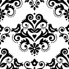 Damask tiled textile or fabric print vector pattern with flowers, birds and swirls, elegant repetitive design in black and white
