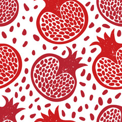 Seamless pattern with red pomegranate fruits and seeds on white background. Juicy tropical fruits. Design wallpaper, fabric, wrapping paper or decoration. Hand drawn illustration in vintage style.