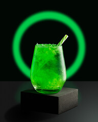 glass of cocktail with citrus fruits and mint isolated on color background