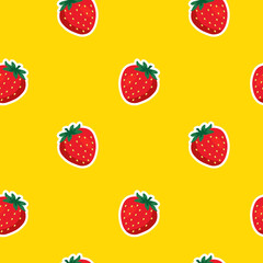 Seamless vector pattern with strawberry on a yellow background  Suitable for the design of textile fabric, wrapping paper, and wallpaper for websites. Vector illustration.