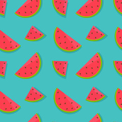 Seamless vector pattern with bright watermelons on a blue background. Suitable for the design of textile fabric, wrapping paper, and wallpaper for websites. Vector illustration.
