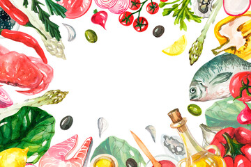 Watercolor frame with Mediterranean food. Vegetables and fish in watercolor. Frame with seafood and vegetables. Background for an inscription with Italian cuisine.