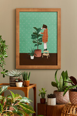 Stylish botany composition of home garden interior with wooden mock up poster frame, filled a lot of beautiful house plants, cacti, succulents in different design pots and floral accessories. Template