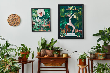 Domestic interior of living room with vintage retro shelf, a lot of house plants, cacti, wooden mock up poster frame on the white wall and elegant accessories at stylish home garden. Template. - Powered by Adobe