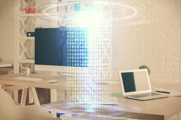 Multi exposure of data theme drawing and office interior background. Concept of technology.