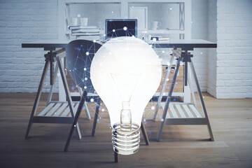 Double exposure of bulb and office interior background. Concept of idea.