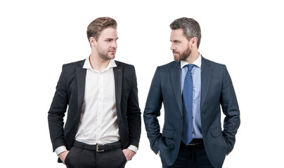 businessmen in businesslike suit competing for leadership isolated on white, leadership