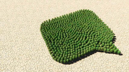 Concept or conceptual group of green forest tree on dry ground background, cloud sign. 3d illustration metaphor for communication, online talking, chatting, internet discussion