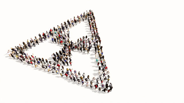 Concept conceptual large community of people forming nuclear danger icon. 3d illustration metaphor for warning, atomic power, ionizing energy, radiation, destruction