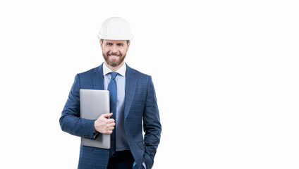 happy businessman in safety helmet hold laptop isolated on white copy space, safety business.