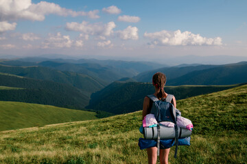 Girl Tourist resting on the Mountain Trail Hike Backpacking 