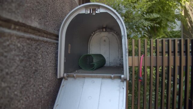 Opening the mail box to find nothing inside. Gimbal shot approaching a post box as man opens it.