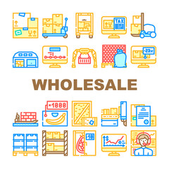 Wholesale Service Collection Icons Set Vector. Sea Transportation And Carrying In Truck, Carton And Wooden Box, Broker Wholesale And Logistics Support Concept Linear Pictograms. Contour Illustrations
