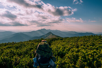 Tourist Girl on the Mountain Trail Hike Backpacking 