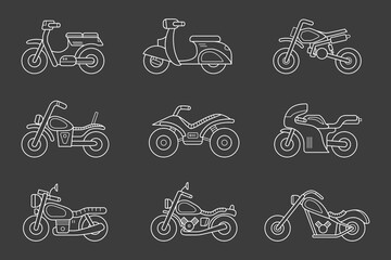 Fototapeta premium Motorbike Icons set - Vector outline symbols of motorcycle, bike, chopper, scooter and other transportation for the site or interface