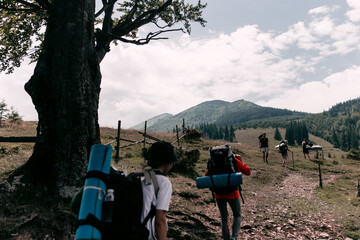 Tourist Group on the Mountain Trail Hike Backpacking 