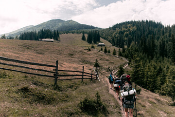 Tourist Group on the Mountain Trail Hike Backpacking 