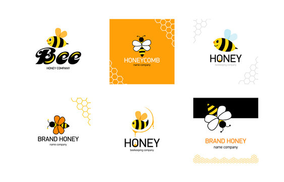 Set Logo for honey producer company. Cute striped and abstract bee flying.