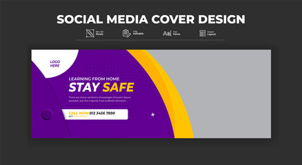 Learning From Home stay Safe Coronavirus social media cover design banner 