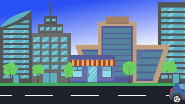 cars driving rides around city, 2d animation, flat design background