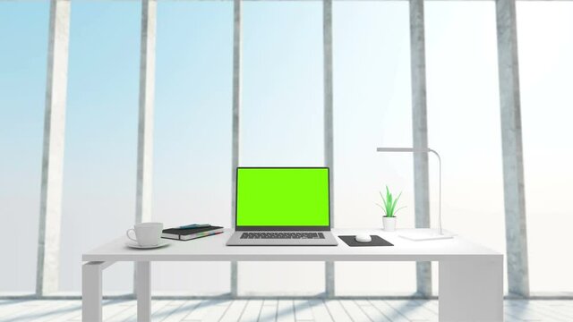 4K Animation of Camera Zooming into Laptop Screen in Modern Ofice Interior with Workplace