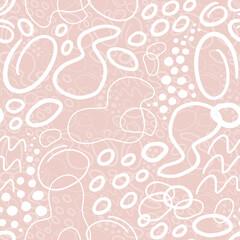 Hand drawn various shapes and doodle objects. Abstract contemporary modern trendy vector illustration. Monochrome seamless pattern on pink background.