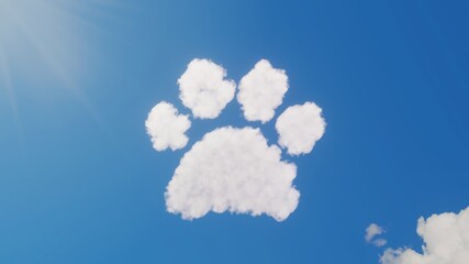 3d rendering of white clouds in shape of symbol of paw on blue sky with sun